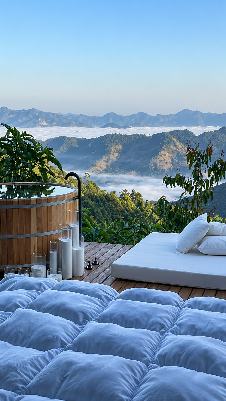 Ofurô e cama no deck com vista para a serra acima de um mar de nuvens
