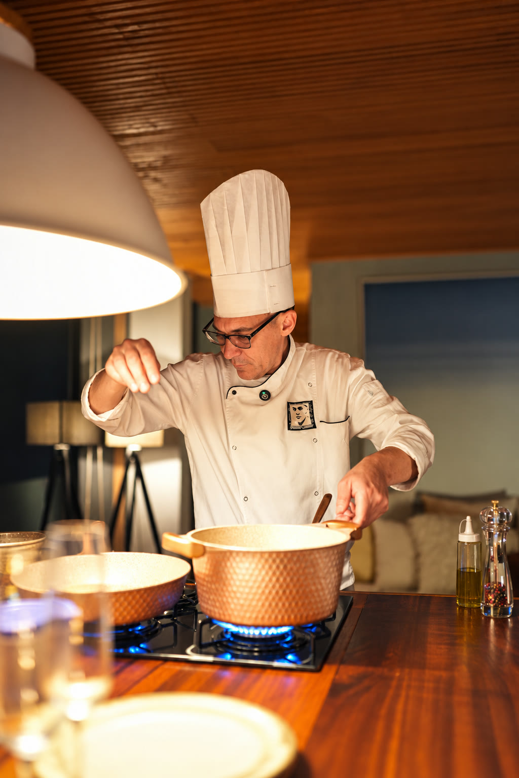 Personal chef temperando o jantar no fogão da Casa Spa